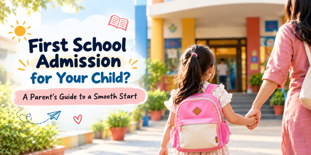 Parent and child holding hands at a sunny school entrance; banner promotes a guide to first school admission for your child (colorful, kid-friendly design).